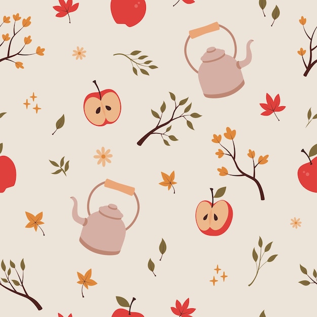 Herfst naadloos patroon, appels en theepotten, herfstbladeren, theetijd