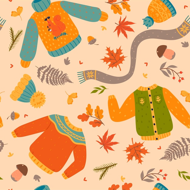 Vector herfst naadloos patroon met kleding en bladeren. vectorafbeeldingen.