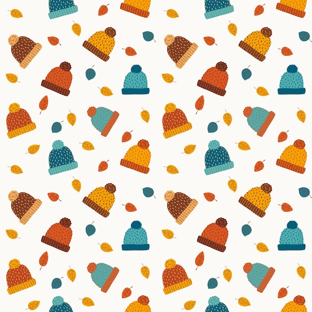 Herfst naadloos patroon met kleurrijke hoeden en bladeren in vlakke stijl