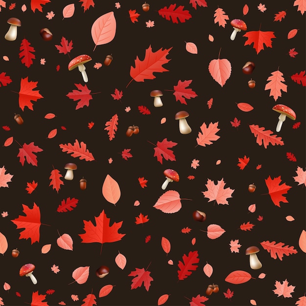 Herfst naadloze blad patroon retro stijl levendige rode oranje en gele bladeren eikels paddestoelen
