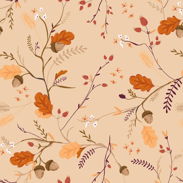 Herfst naadloze bloemmotief met eikels, bladeren en bloemen. Val Vintage natuur achtergrond voor textiel, behang, print, decoratie, inpakpapier. vector illustratie