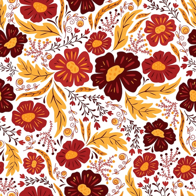 Herfst naadloze bloemmotief op witte bloemen, bladeren en planten doodle achtergrond fabric art