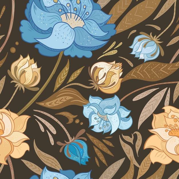 Herfst naadloze elegante romantische textuur met blauwe en beige bloemen op bruine achtergrond