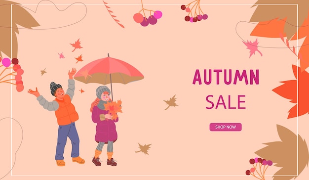 Herfst of herfst website banner voor winkel seizoensgebonden verkoop platte cartoon vectorillustratie