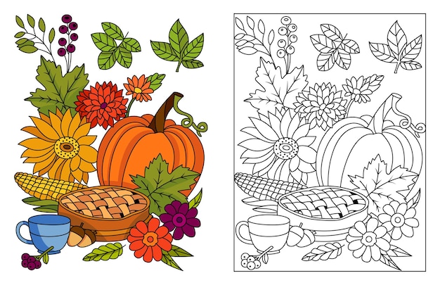 Herfst oogst groente pompoen maïs eikel bloemen Herfst Herfst seizoen kleurplaten illustratiepagina's