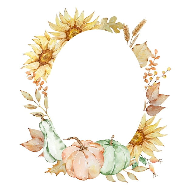 Herfst ovaal frame gemaakt van aquarelpompoenen en zonnebloemen