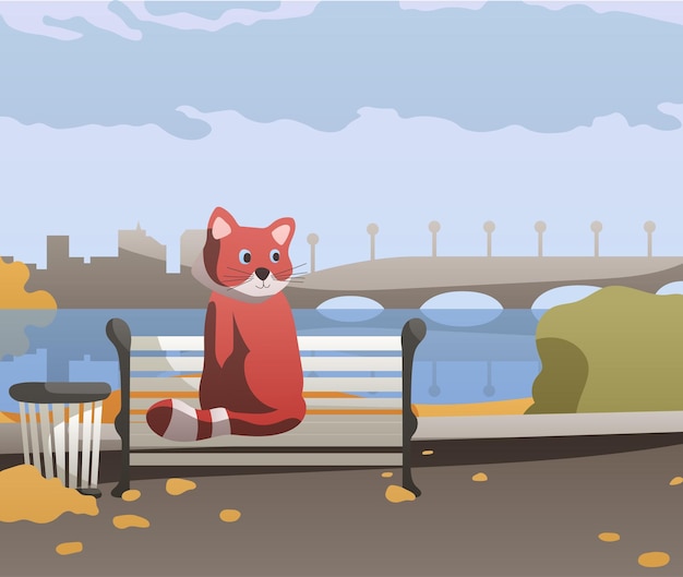 Vector herfst park een rode panda zit op een bankje aan de kade een stedelijk landschap met een brug