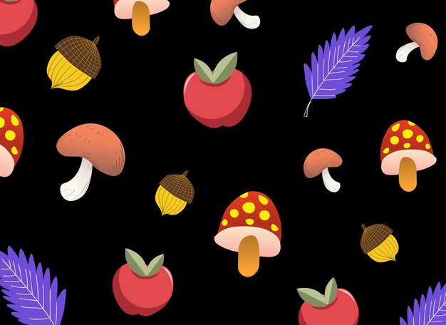 Herfst patroon met eikels van champignons, appels en paarse bladeren