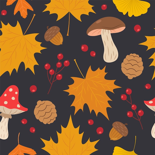 Herfst patroon met schattige bladeren, bessen en paddestoelen Naadloze achtergrond vector