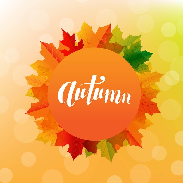 Herfst postard met heldere bladeren en tekst met verloop achtergrond, vector illustratie