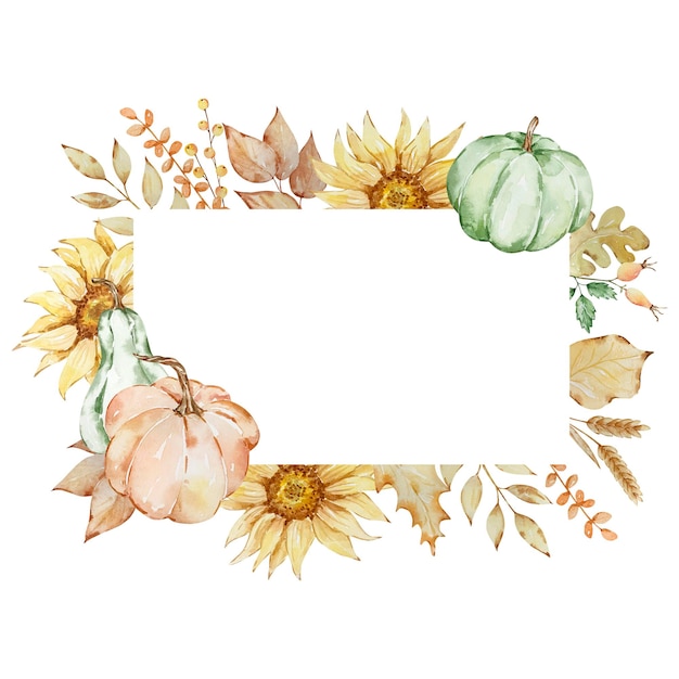 Herfst rechthoekig frame van aquarel pompoenen en zonnebloemen