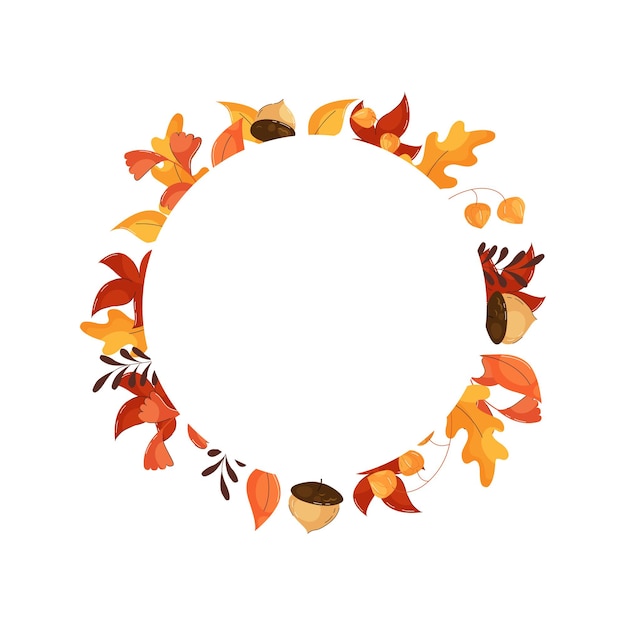 Vector herfst rond frame met bladeren, bloemen en eikels in vlakke stijl
