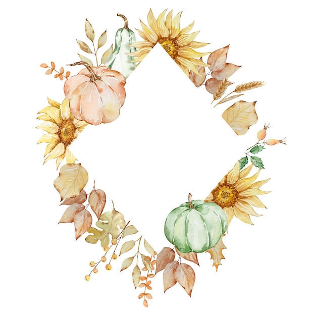 Herfst ruit frame van aquarel pompoenen en zonnebloemen