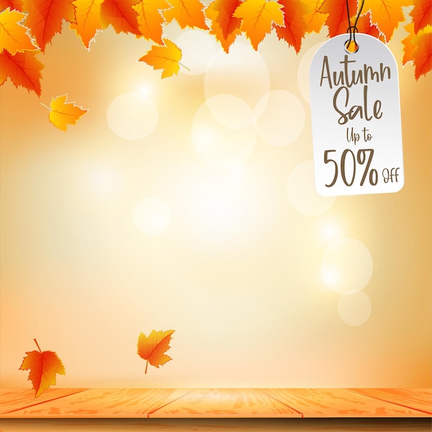 Herfst sale promo banner met fall foliage op bokeh achtergrond