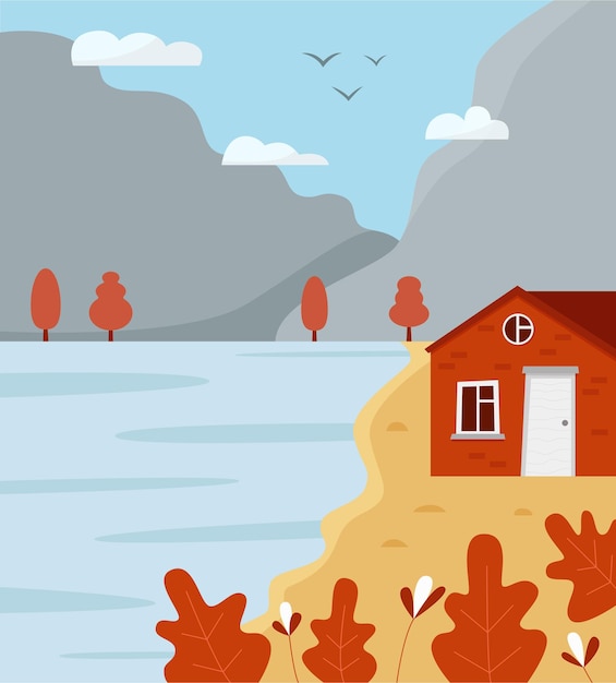 Vector herfst scandinavisch landschap met bergen en mooi huis aan het meer