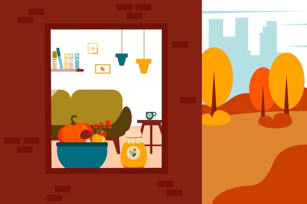 Herfst schattige illustratie van een gezellig interieur en de natuur Vectorillustratie