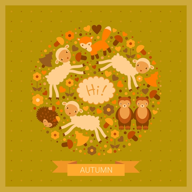 Vector herfst schattige kaart met schapen, vossen, beer en egel
