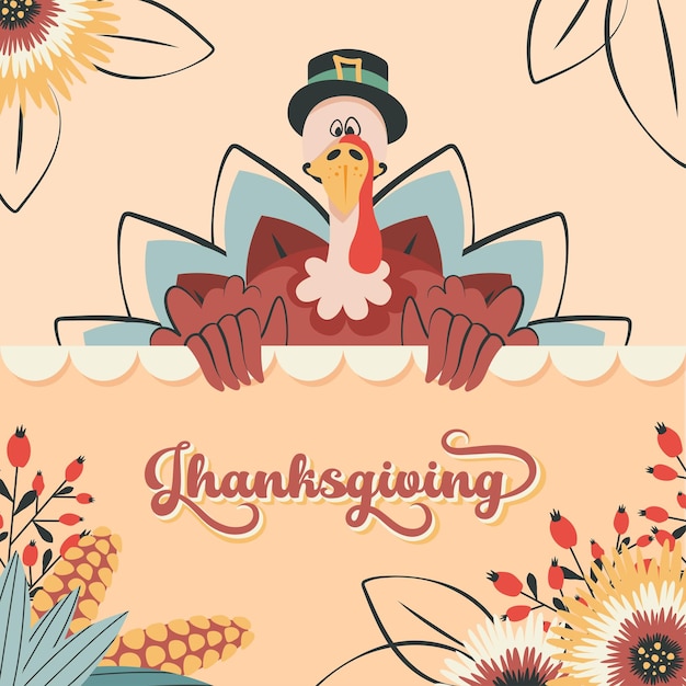 Herfst seizoen achtergrond met bessen maïs gebladerte thanksgiving tafel eten herfst thanksgiving kaart met happy leuke grappige kalkoen cartoon vectorillustratie voor spandoek poster uitnodiging