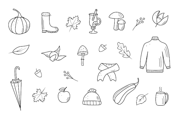 Herfst set elementen Vector illustratie vallen pictogram doodle stijl Artikelen van warme kleding boom laat paraplu hete thee