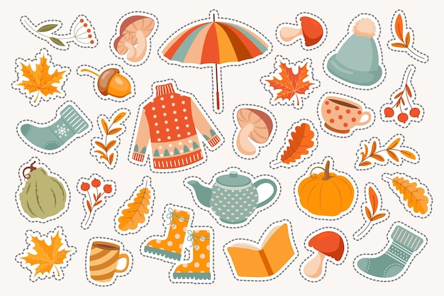 Herfst set gezellige stickers Trui sokken pompoenen lijsterbes paddestoelen paraplu