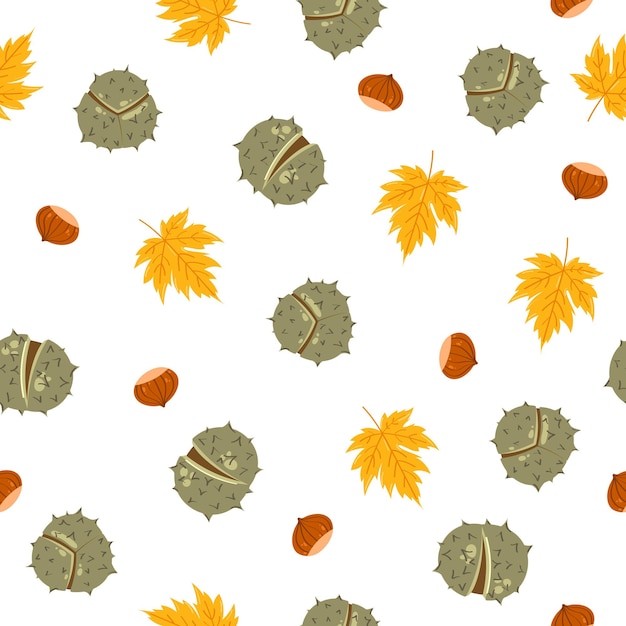 Herfst Vector Naadloos Patroon. Hand getrokken doodle bladeren, kastanjes en noten