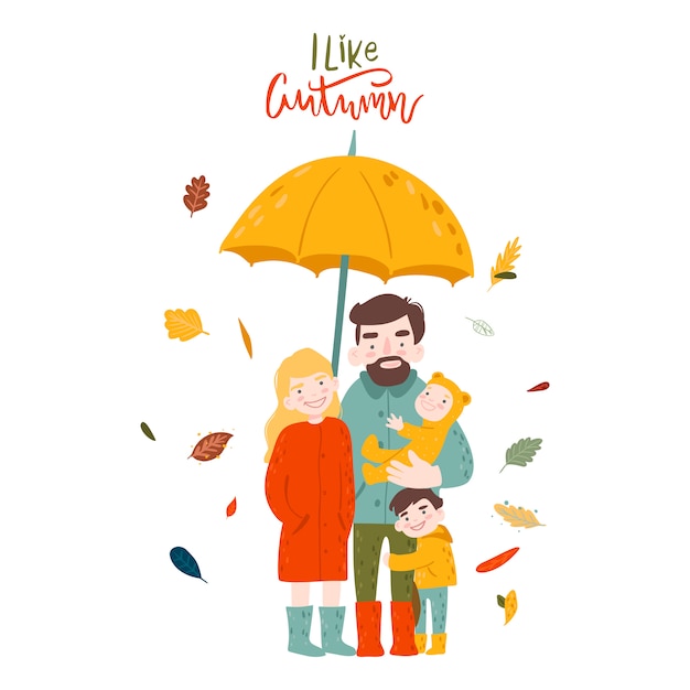 Herfst vectorillustratie met familie onder de gele paraplu