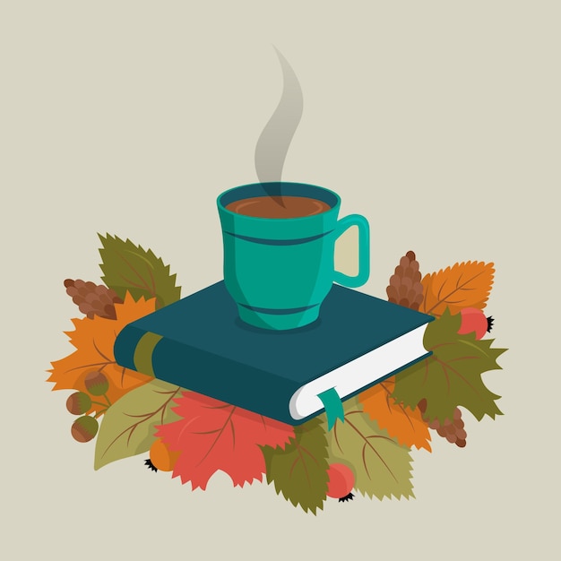 Herfst vectorillustratie van een kopje koffie of thee staande op een boek met herfstbladeren