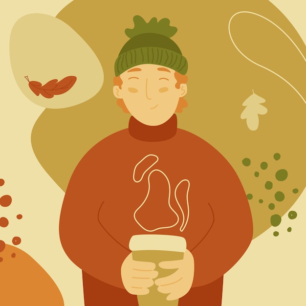 Herfst vectorillustratie van schattige jongen met kopje koffie.