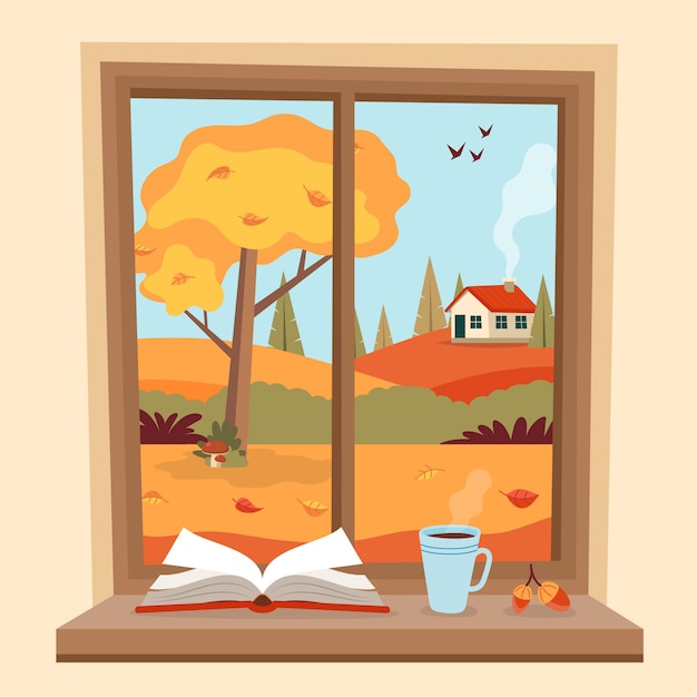 Herfst venster met landelijk uitzicht, een boek en een koffiekopje op de vensterbank.