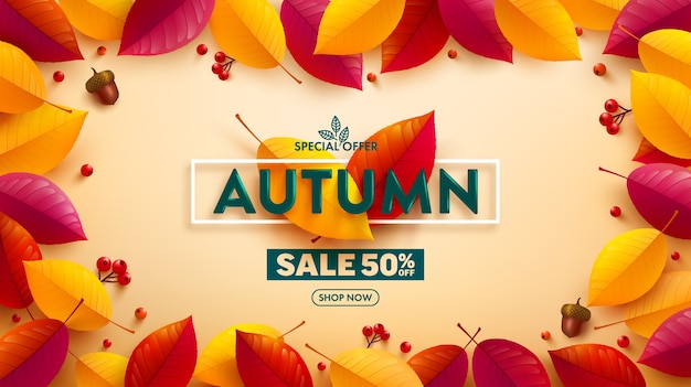 Herfst verkoop poster of banner met kleurrijke herfstbladeren op geel