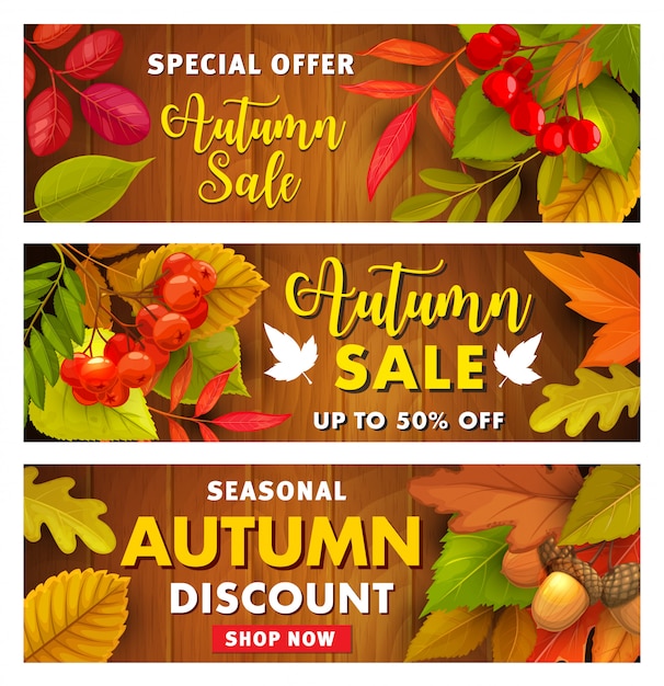 Vector herfst verkoop promo banners met herfstbladeren