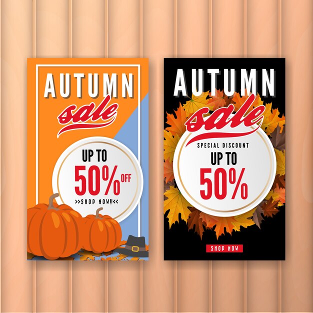 Vector herfst verkoop verticale banner achtergrond sjabloon ontwerp voor verkoop promotie, web banner of poster. vector illustratie