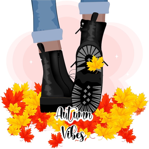 Herfst vibeswomen's laarzen in gebladerte herfst esdoorn bladeren vector illustratie