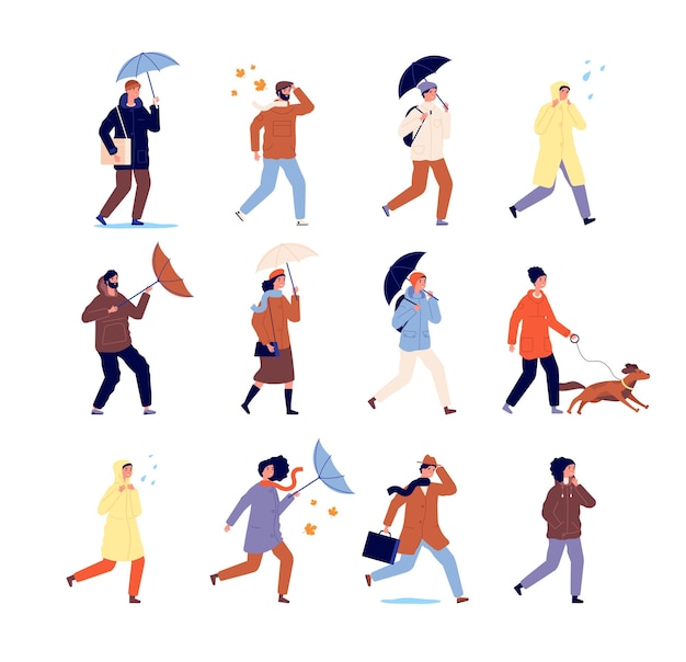 Herfst wandelende mensen. Stijlvolle karakters, casual personen met paraplu. Outdoor activiteit, regenachtig weer wandeling. Geïsoleerde stedelijke man vector set. Karakter met paraplu lopen buiten illustratie