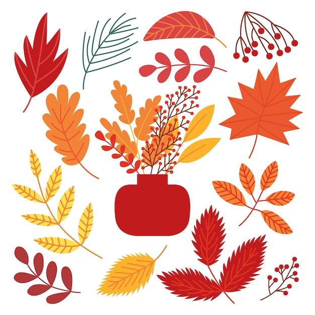 Herfstbladeren boeket vector set Platte herfstbladeren en bessen set