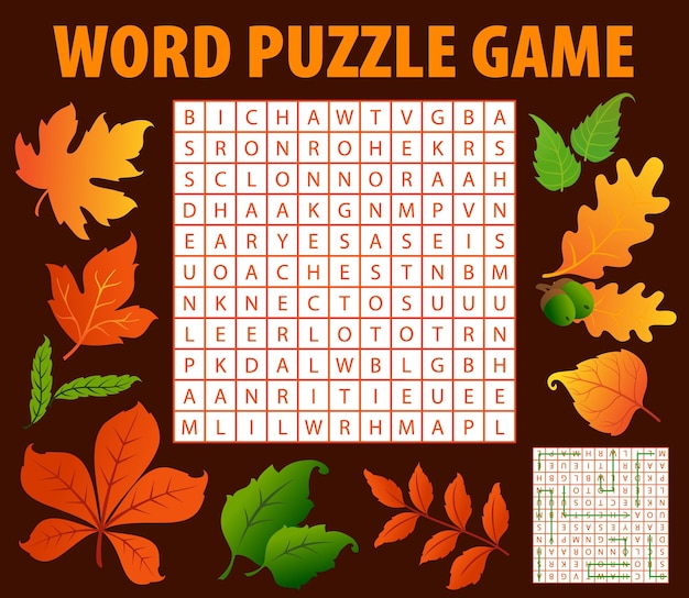 Herfstbladeren en eikels woordzoekpuzzelspel