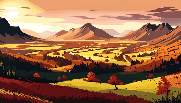 Vector herfstbos in de ochtend herfstlandschap bergen en rivier moderne vector illustratie