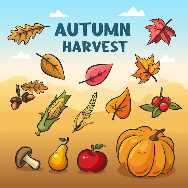 Herfstcollectie met herfstoogst. herfst gevallen bladeren, pompoen, appel en andere groenten