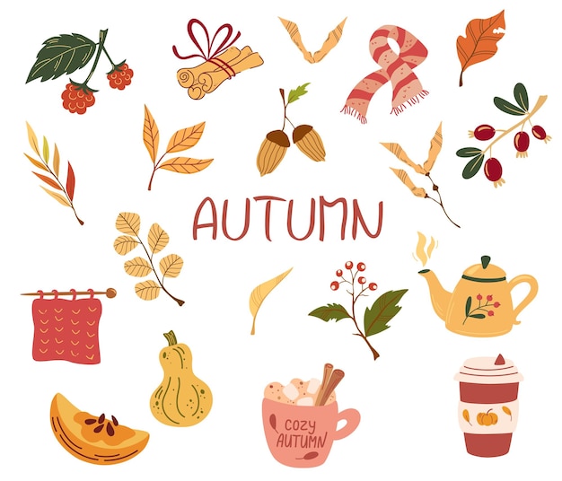 Herfstitems Herfstbundel van leuke en gezellige ontwerpelementen Platte cartoonillustratie vector