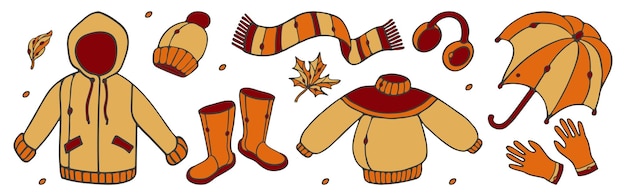 Vector herfstkledingset voor regenseizoen doodle cartoon-stijl premium vectorillustratie