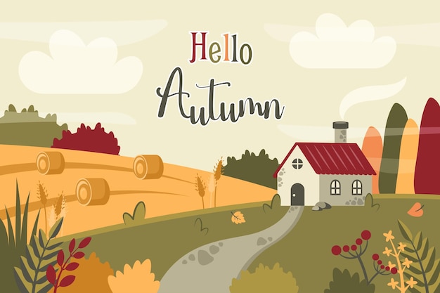 Herfstlandschap Herfst Mooie achtergrond met veldhuis tarwe en hooiberg pad Landelijk gebied Natuur sjabloon Vector platte cartoon illustratie voor banner poster omslag groeten kaart