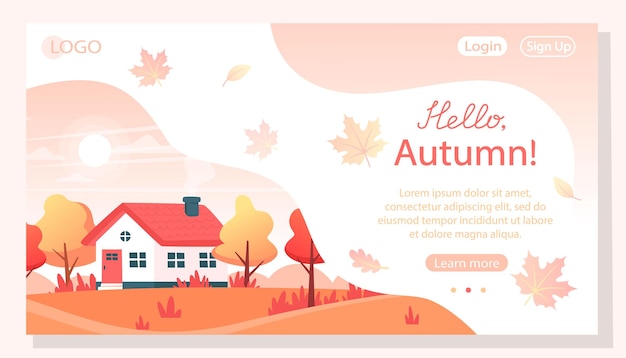 Herfstlandschap met huis en sinaasappelbomen, hallo herfst, webpagina-ontwerp