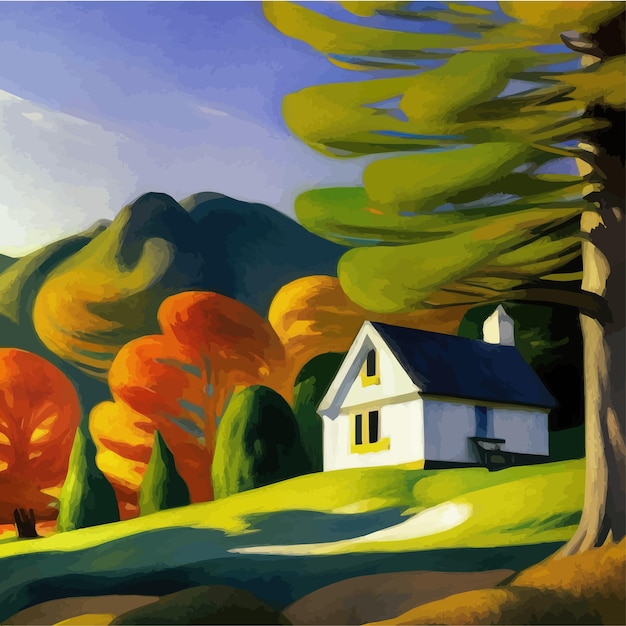 Vector herfstlandschap met kleine huisboomstruik en voetpad gele bomen tegen bergen met lucht