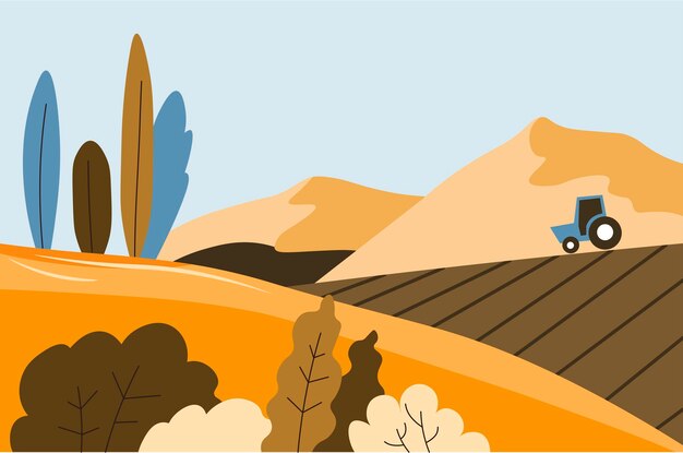 Herfstlandschap van het oogsten van velden en tractoren