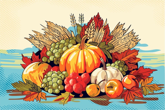 Herfstoogst met pompoenen, appels en druiven Thanksgiving Vectorillustratie