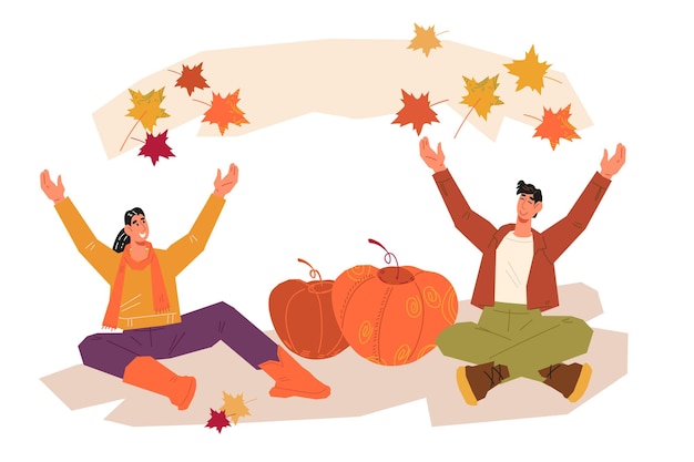 Vector herfstseizoen vreugde oogstbeurs en herfstmarkt banner achtergrondontwerp met mensen oogst herfst pompoenen oogst vector illustratie geïsoleerd op witte achtergrond