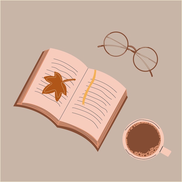 Vector herfstset. vectorillustraties bruin boek met geel lint en koffiemok met tekening