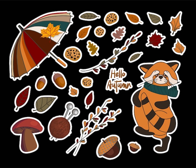 Vector herfststickers pompoenen en takken herfstbladeren kinderprint