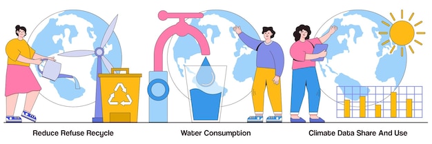 Hergebruik verminderen recyclen waterverbruik klimaatgegevens delen en gebruiken concept met personages save the planet illustratiepakket upcyclingprogramma weersvoorspelling overconsumptie metafoor