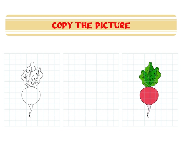 Herhaal de afbeelding kleurboek voor kinderen onderwijs voor kinderen plantaardige radijs